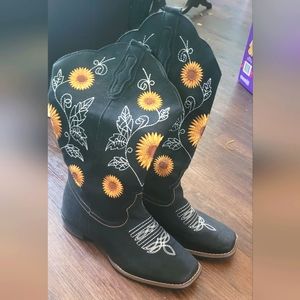 Black Sunflower Cowboy Boots Wide Calf